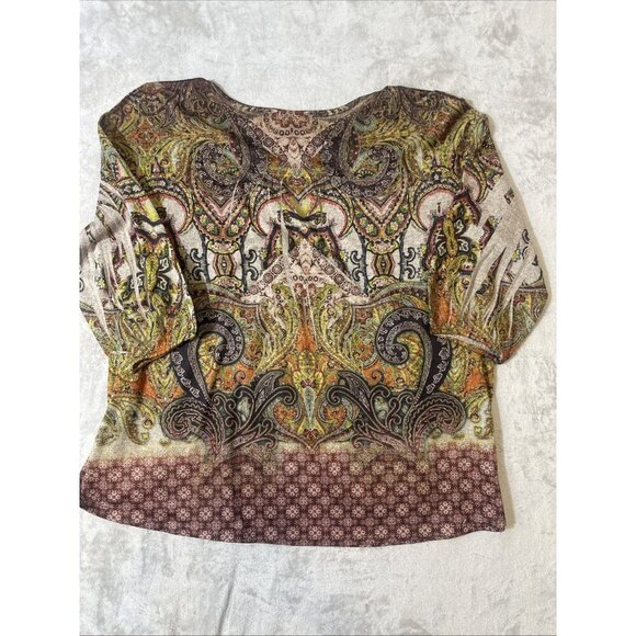 One World 2X Boho Paisley Mixed Print Top Scoop Neck 3/4 Sleeve Stretch Blouse - Picture 11 of 11